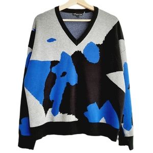 🍒 METRIC KNITS V-Neck Sweater Top Black Blue & Grey Sz XL